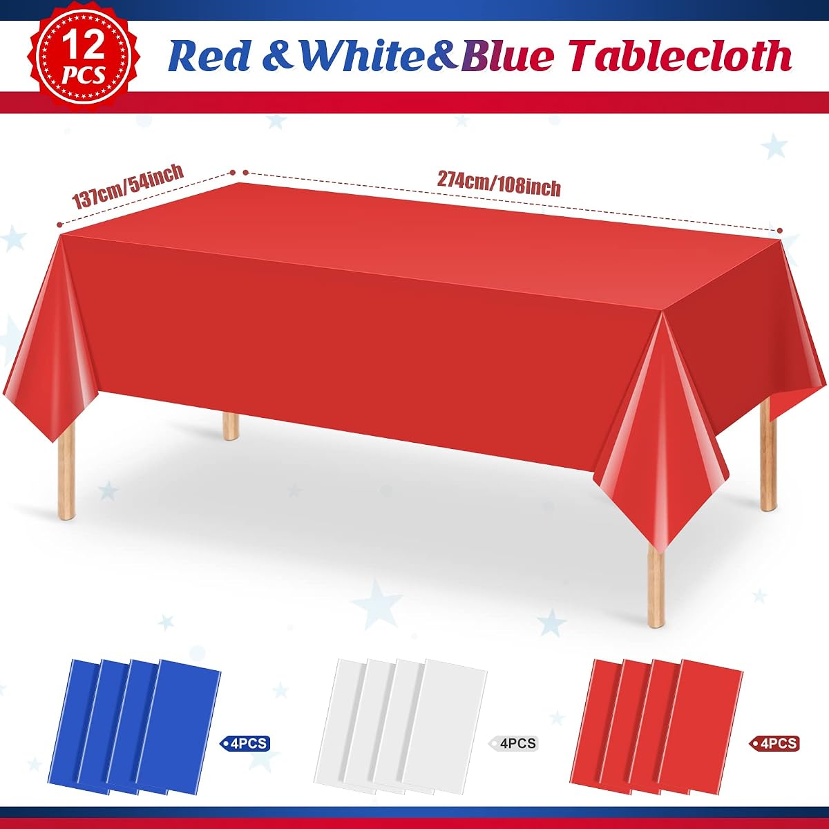 4th of July Red and White Rectangle Tablecloth, 54 x 108 inch, 12 pack view 2