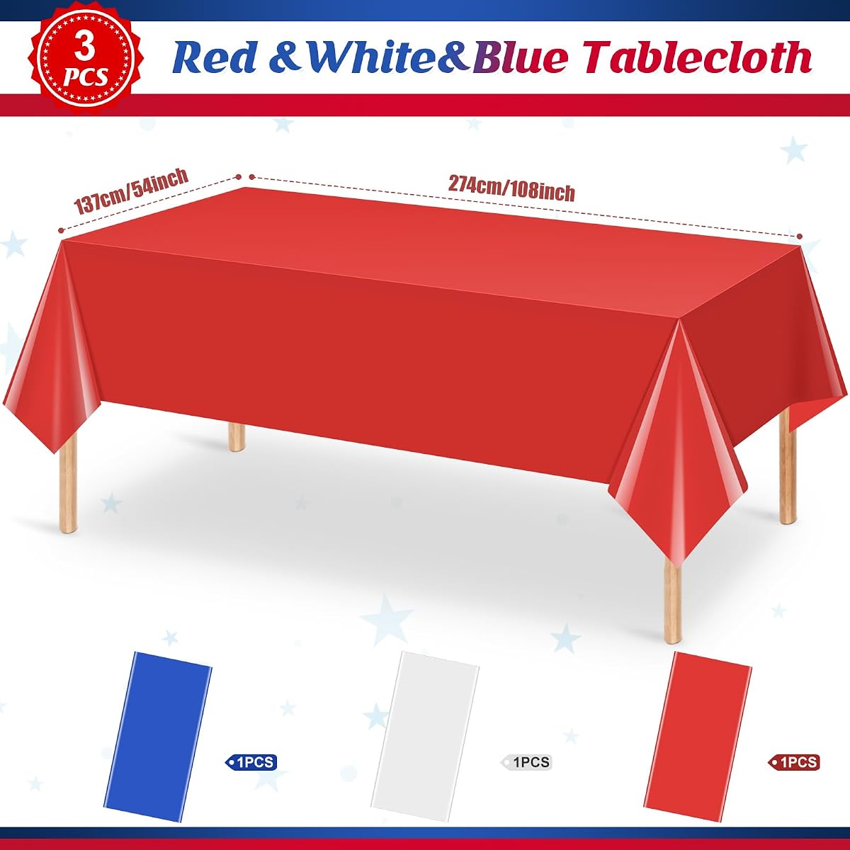 4th of July Red and White Rectangle Tablecloth, 54 x 108 inch, 3 pack view 2