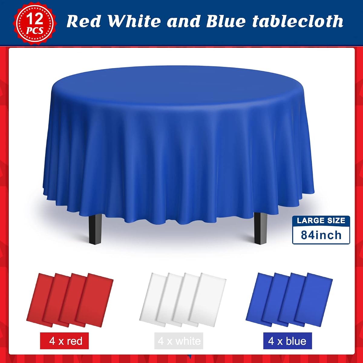 4th of July Red and White Round Tablecloth, 84 inch round, 12 pack view 3