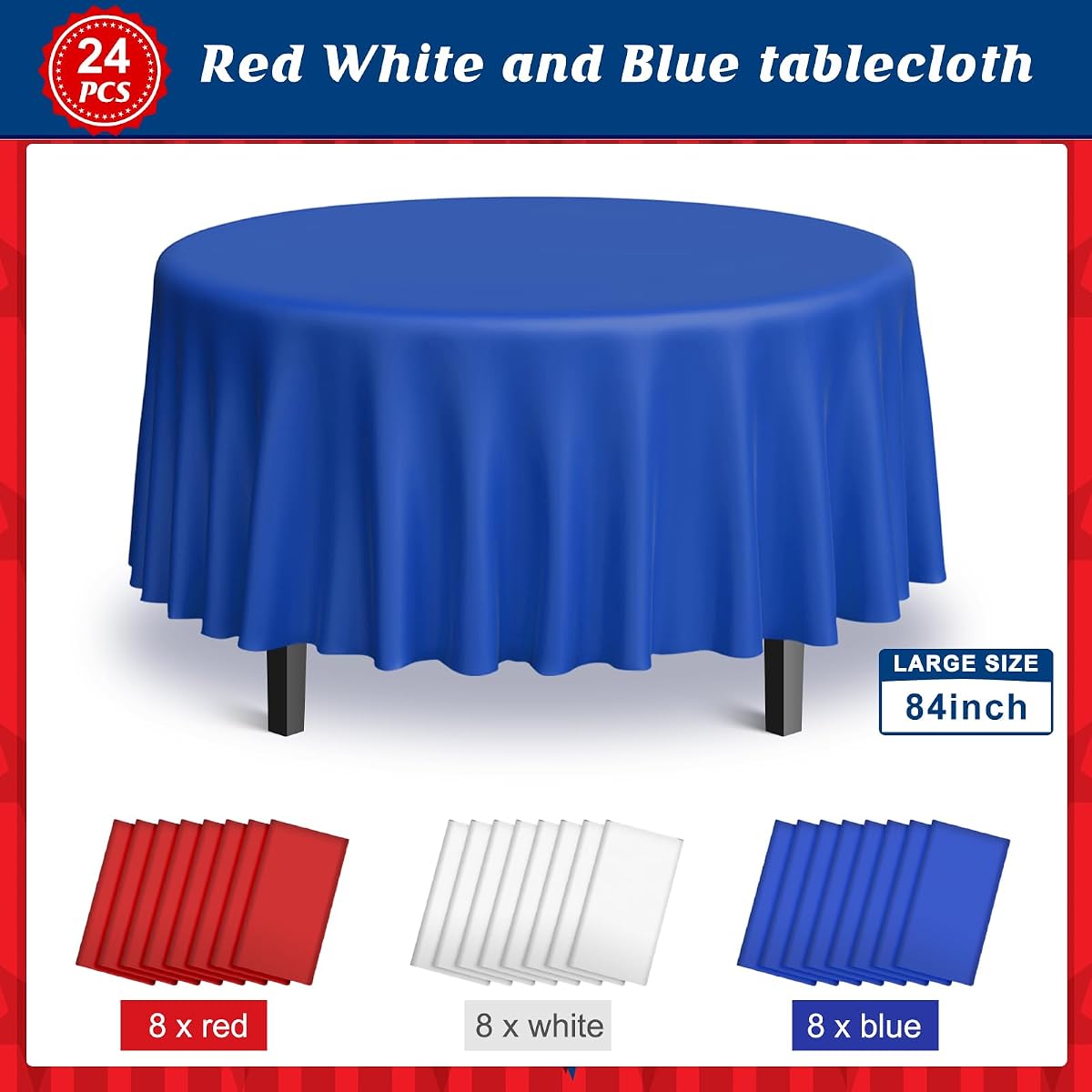 4th of July Red and White Round Tablecloth, 84 inch round, 24 pack view 3