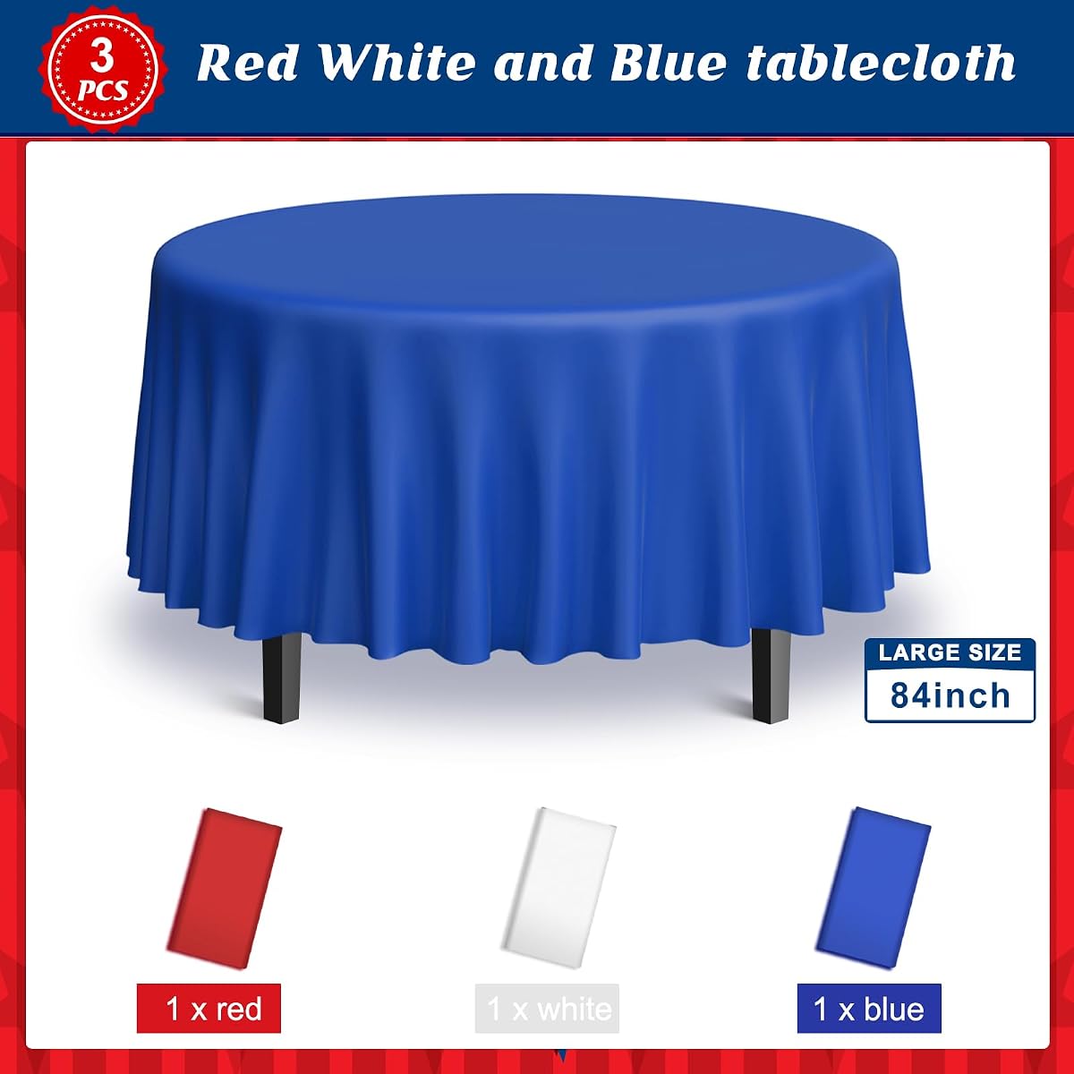 4th of July Red and White Round Tablecloth, 84 inch round, 3 pack view 3