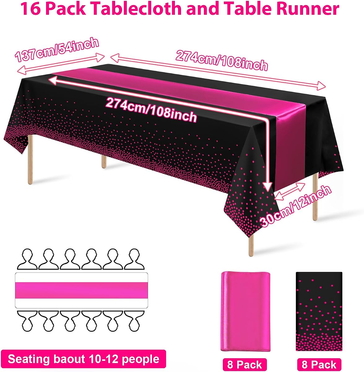 Baby Shower Black and Pink Tablecloth and Runner Set, 16 pack view 2
