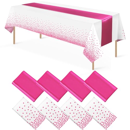 Baby Shower White and Pink Tablecloth and Runner Set, 54 x 108 inch, 8 pack