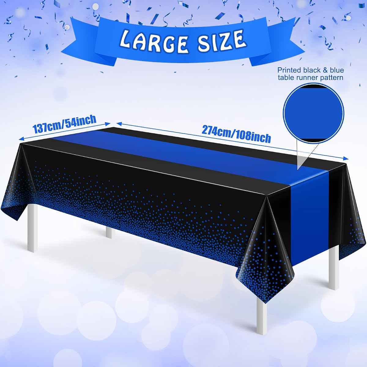 Black and Blue Rectangle Tablecloth, 54 x 108 inch, 6 pack view 2