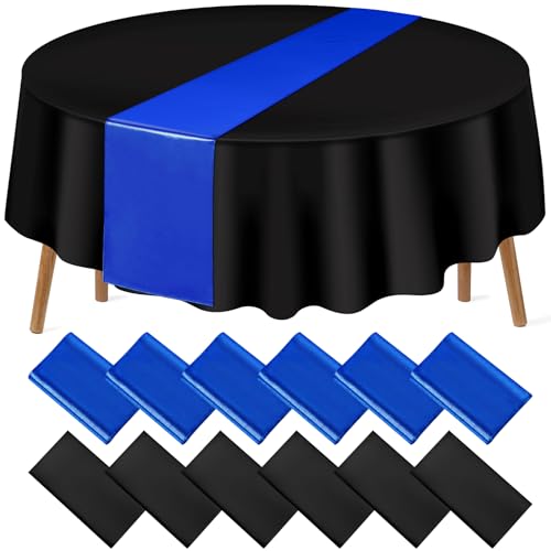 Black and Blue Round Tablecloth and Runner Set, 84 inch round, 12 pack