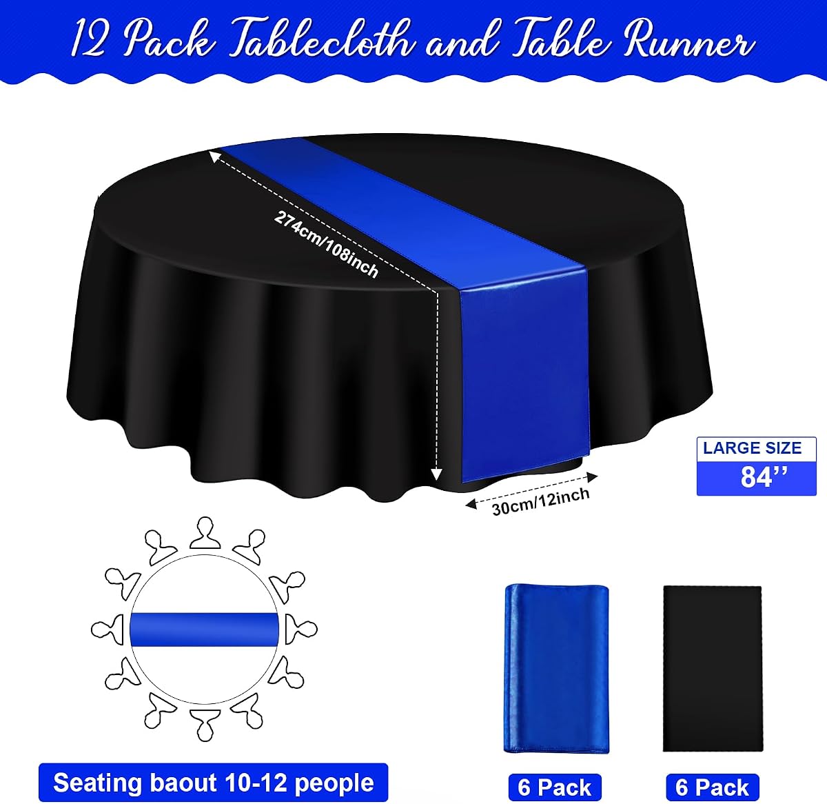 Black and Blue Round Tablecloth and Runner Set, 84 inch round, 12 pack view 2