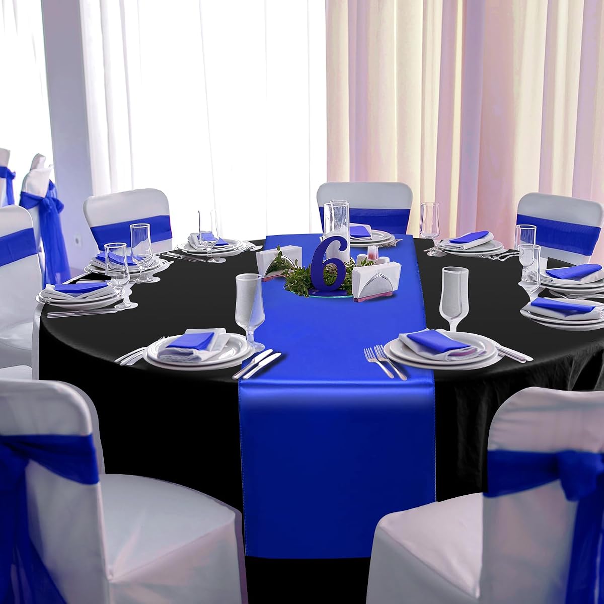 Black and Blue Round Tablecloth and Runner Set, 84 inch round, 12 pack view 4