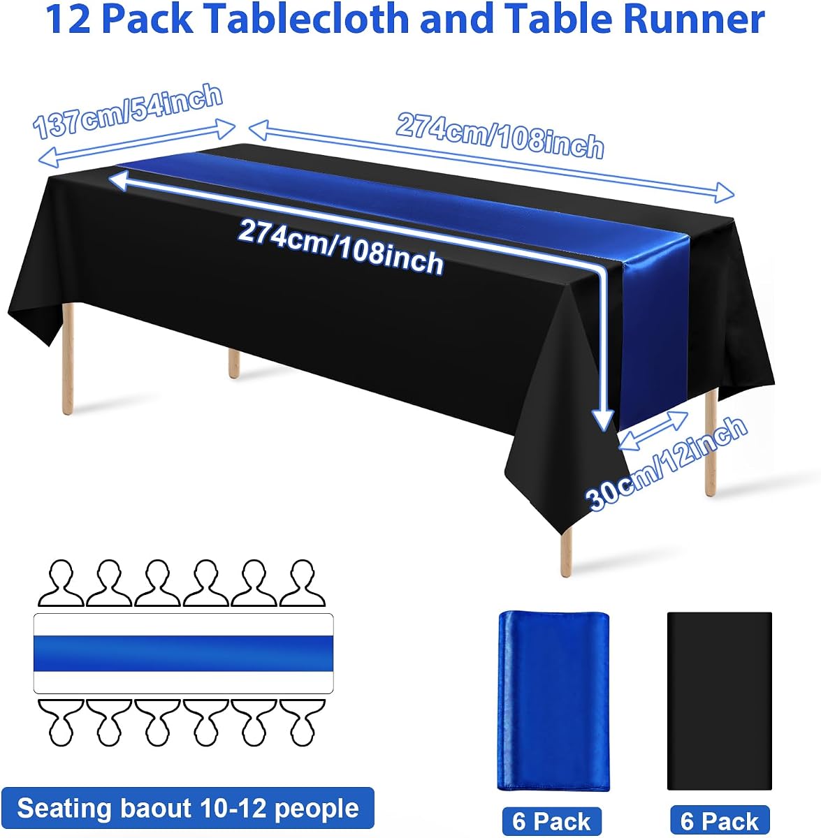 Black and Blue Tablecloth and Runner Set, 54 x 108 inch, 12 pack view 2