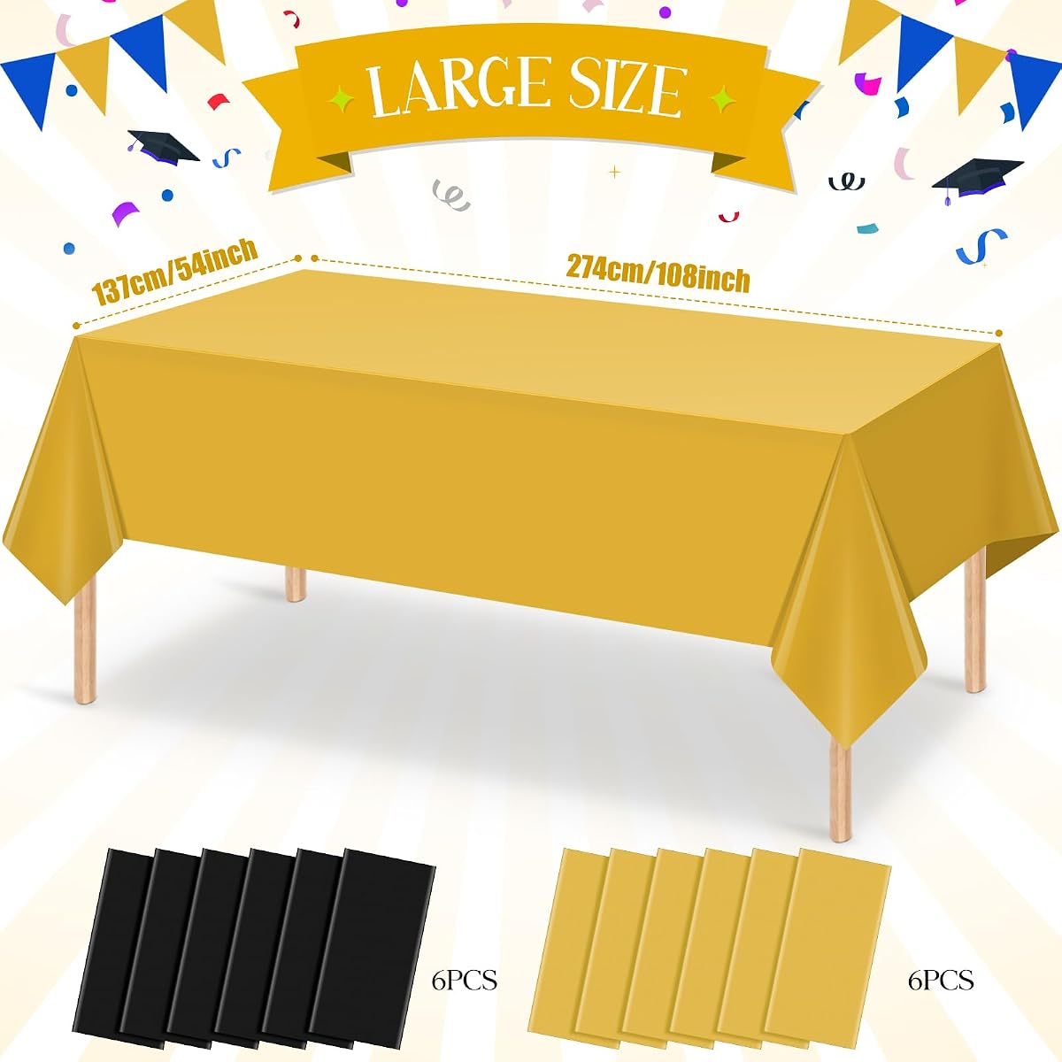 Black and Gold Rectangle Tablecloth, 54 x 108 inch, 12 pack view 2