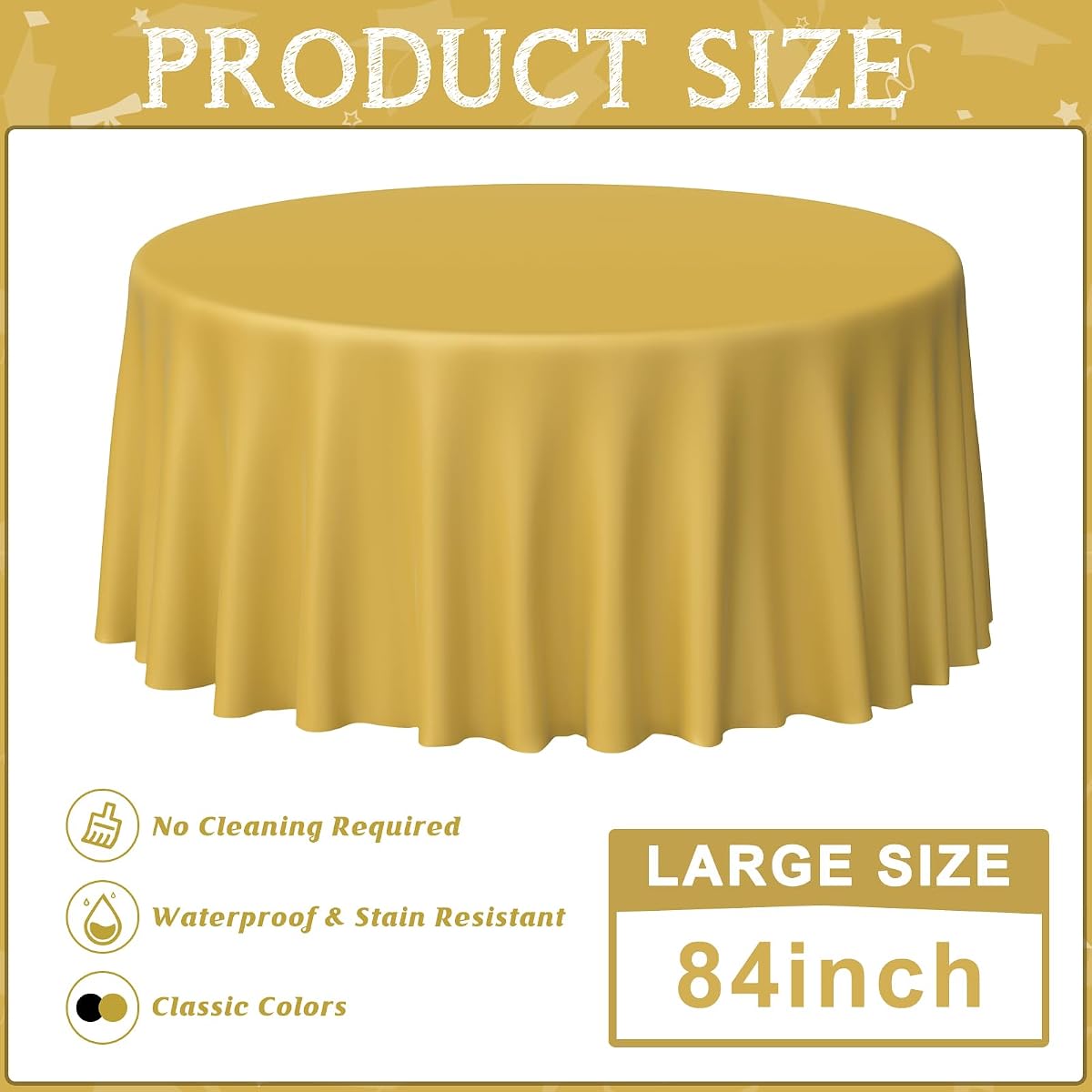 Black and Gold Round Tablecloth, 84 inch round, 12 pack view 2