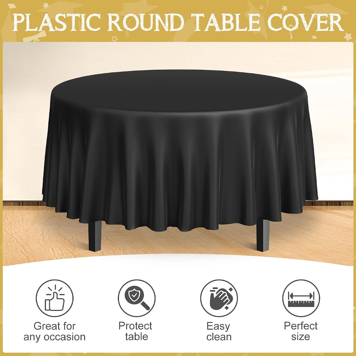 Black and Gold Round Tablecloth, 84 inch round, 12 pack view 4