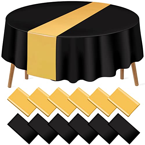 Black and Gold Round Tablecloth and Runner Set, 84 inch round, 12 pack
