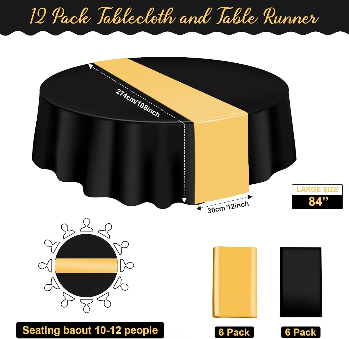 Black and Gold Round Tablecloth and Runner Set, 84 inch round, 12 pack view 2