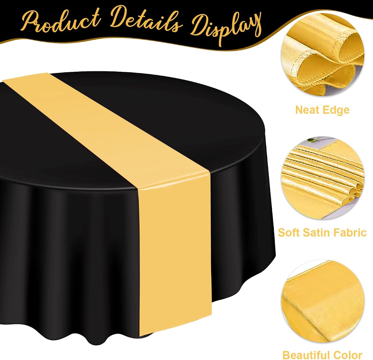 Black and Gold Round Tablecloth and Runner Set, 84 inch round, 12 pack view 3