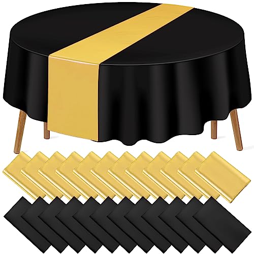 Black and Gold Round Tablecloth and Runner Set, 84 inch round, 24 pack