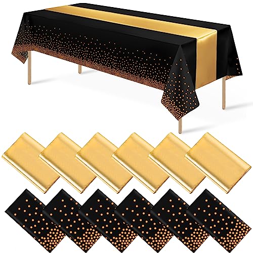 Black and Gold Tablecloth and Runner Set, 12 pack