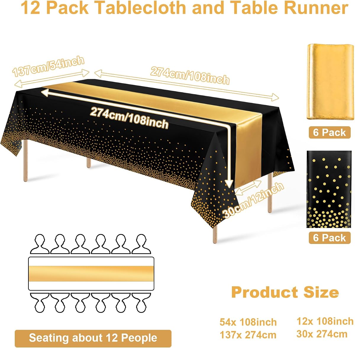 Black and Gold Tablecloth and Runner Set, 12 pack view 2