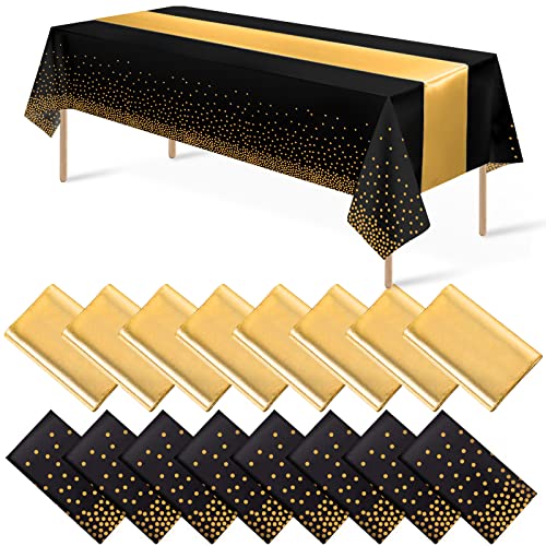 Black and Gold Tablecloth and Runner Set, 16 pack