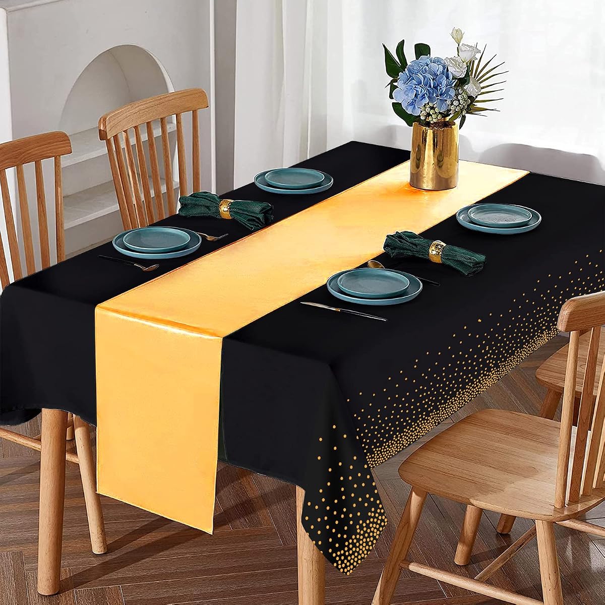 Black and Gold Tablecloth and Runner Set, 16 pack view 4