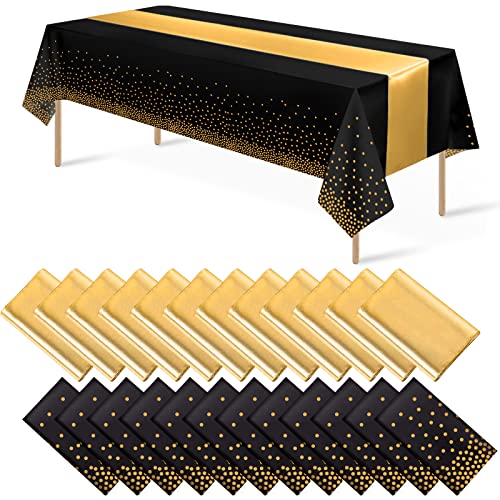Black and Gold Tablecloth and Runner Set, 24 pack