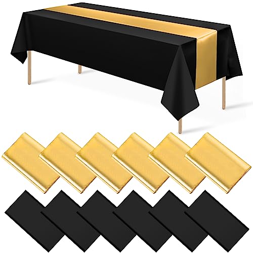 Black and Gold Tablecloth and Runner Set, 54 x 108 inch, 12 pack