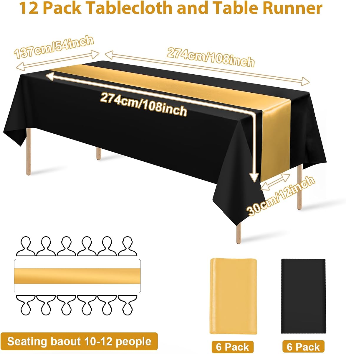 Black and Gold Tablecloth and Runner Set, 54 x 108 inch, 12 pack view 2