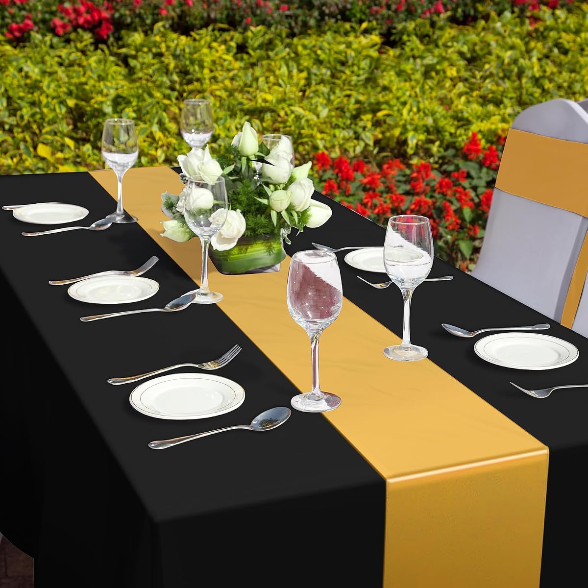 Black and Gold Tablecloth and Runner Set, 54 x 108 inch, 12 pack view 4