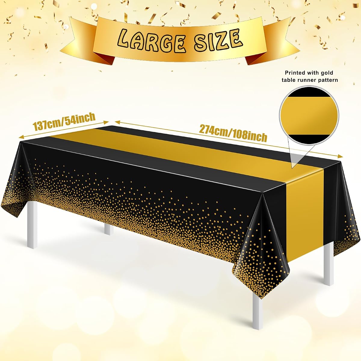 Black and Gold Tablecloth and Runner Set, 54 x 108 inch, 3 pack view 2