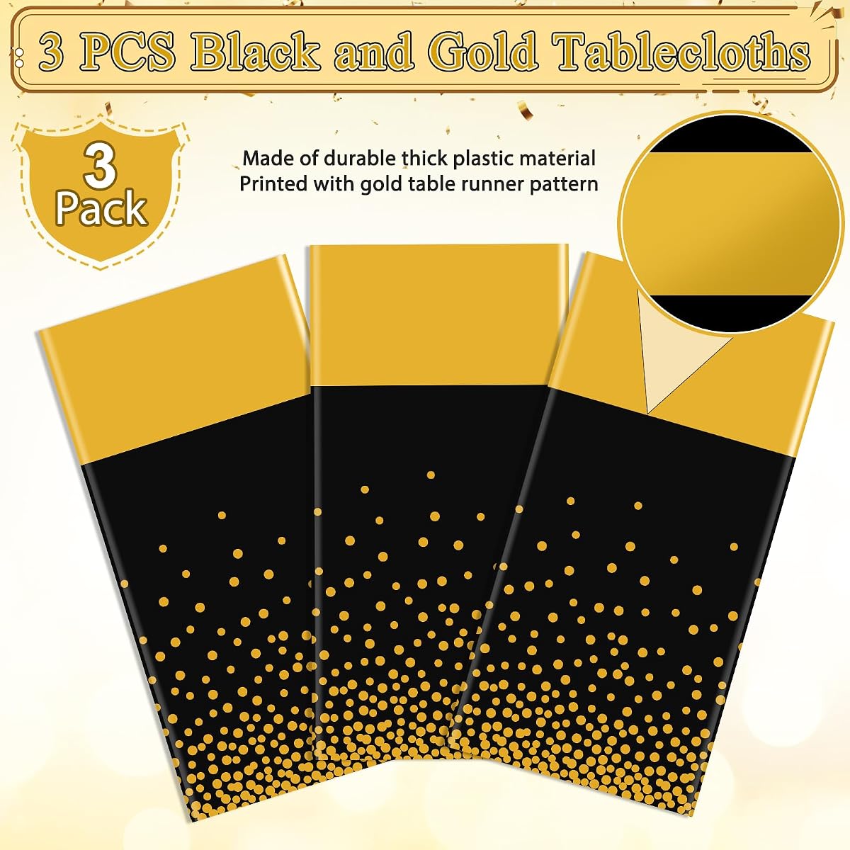 Black and Gold Tablecloth and Runner Set, 54 x 108 inch, 3 pack view 4