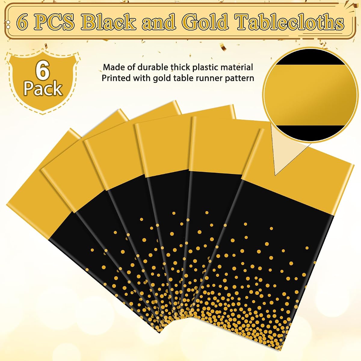 Black and Gold Tablecloth and Runner Set, 54 x 108 inch, 6 pack view 4