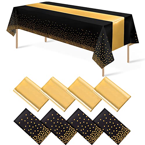 Black and Gold Tablecloth and Runner Set, 8 pack