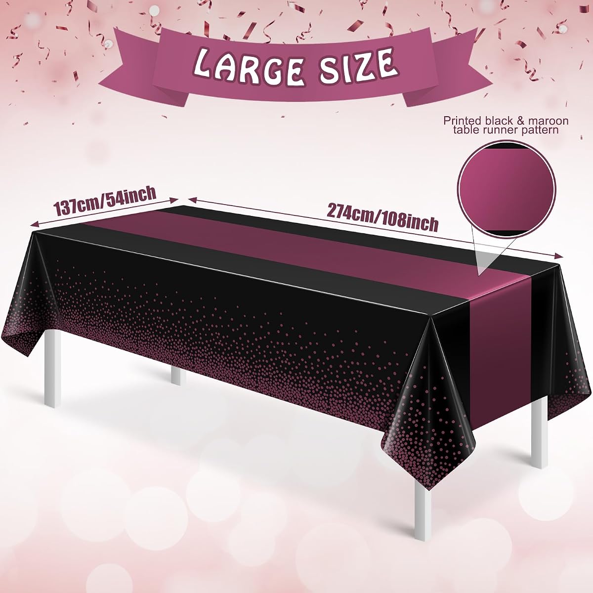 Black and Maroon Tablecloth and Runner Set Black Maroon Purple, 54 x 108 inch, 3 pack view 2