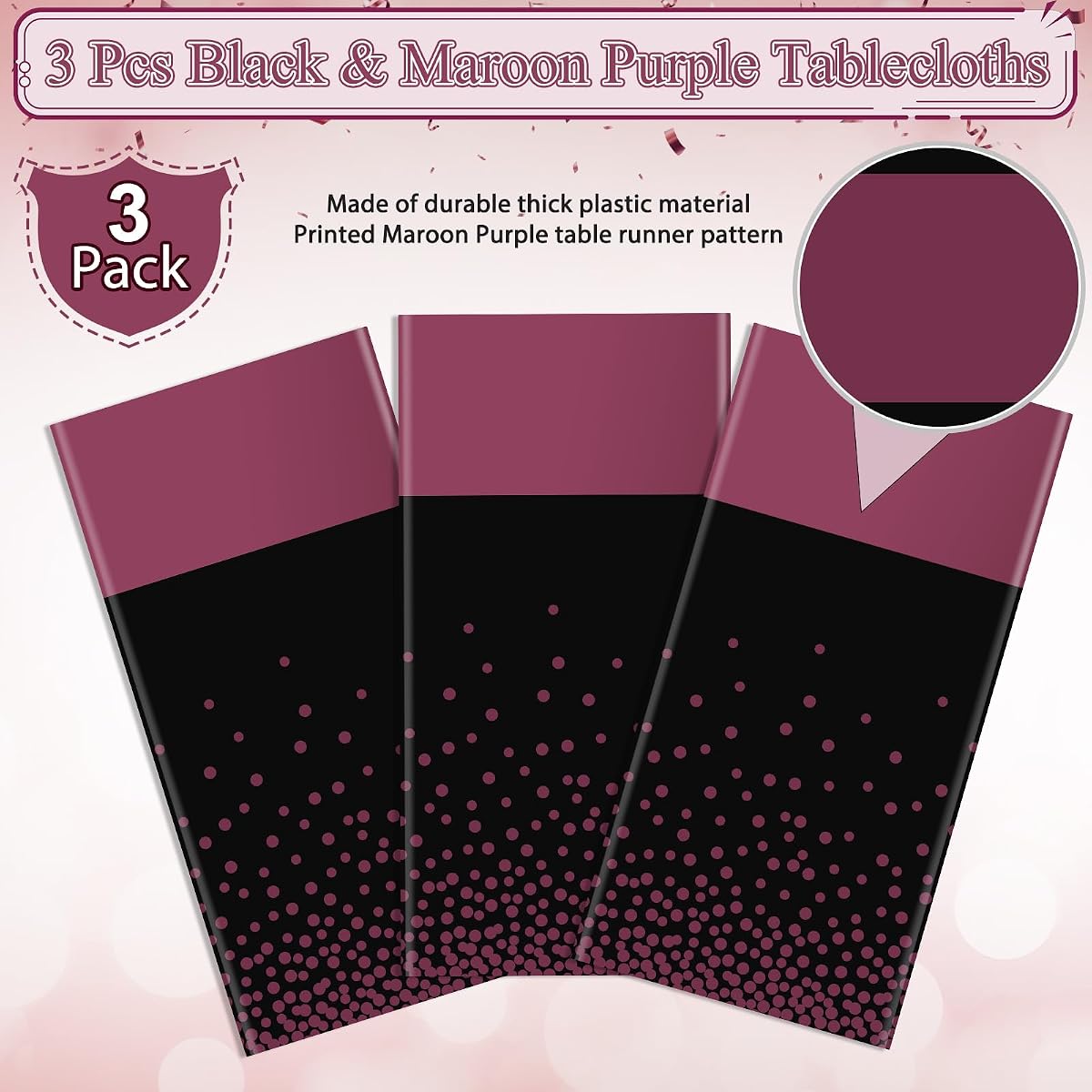 Black and Maroon Tablecloth and Runner Set Black Maroon Purple, 54 x 108 inch, 3 pack view 4