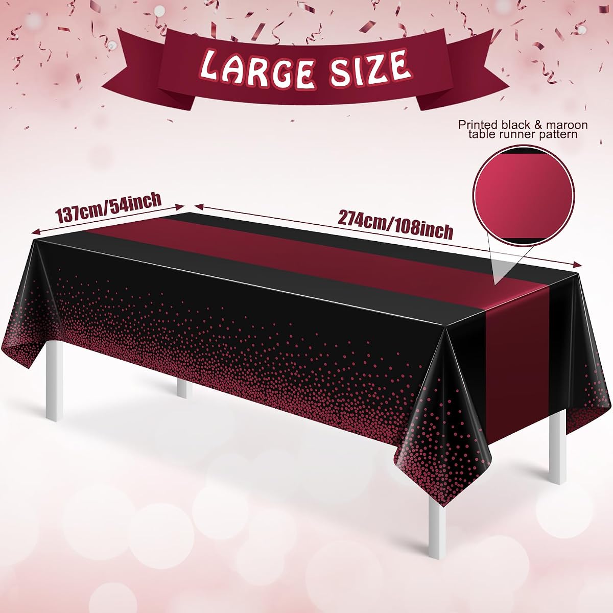 Black and Maroon Tablecloth and Runner Set Rectangle, 54 x 108 inch, 3 pack view 2