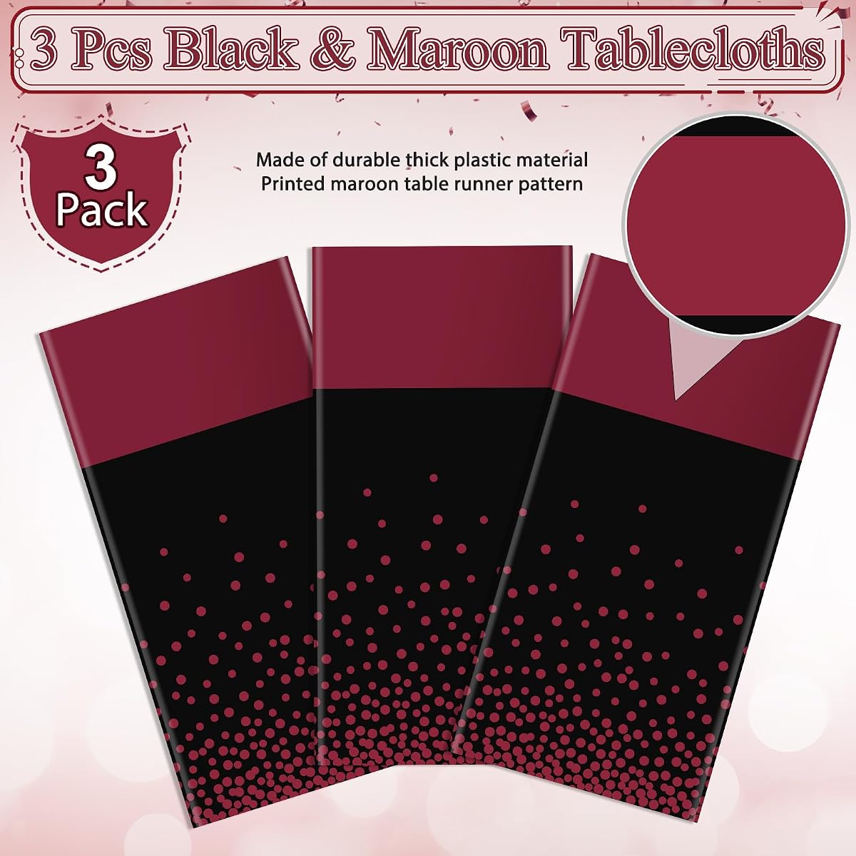Black and Maroon Tablecloth and Runner Set Rectangle, 54 x 108 inch, 3 pack view 4