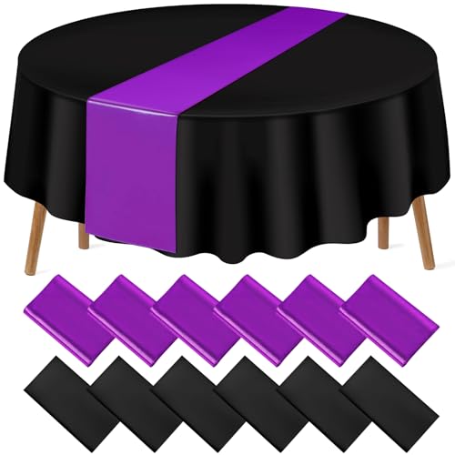 Black and Purple Round Tablecloth and Runner Set, 84 inch round, 12 pack