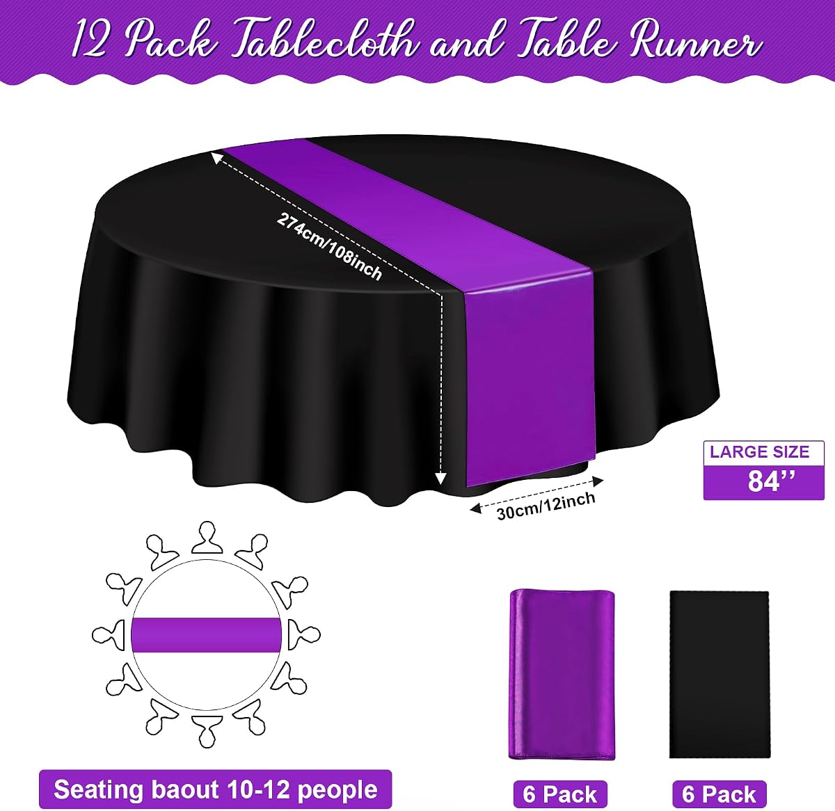 Black and Purple Round Tablecloth and Runner Set, 84 inch round, 12 pack view 2