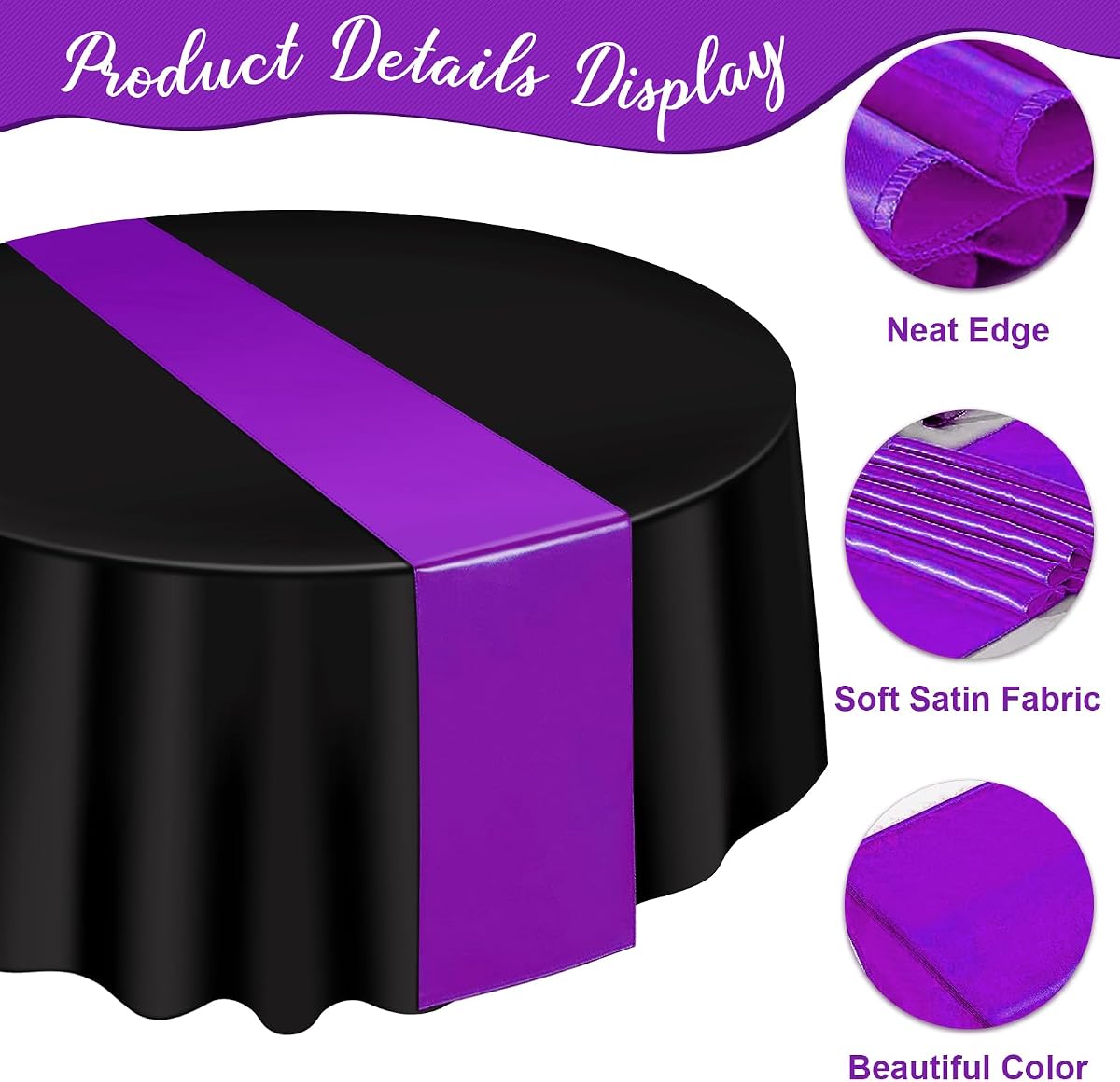 Black and Purple Round Tablecloth and Runner Set, 84 inch round, 12 pack view 3