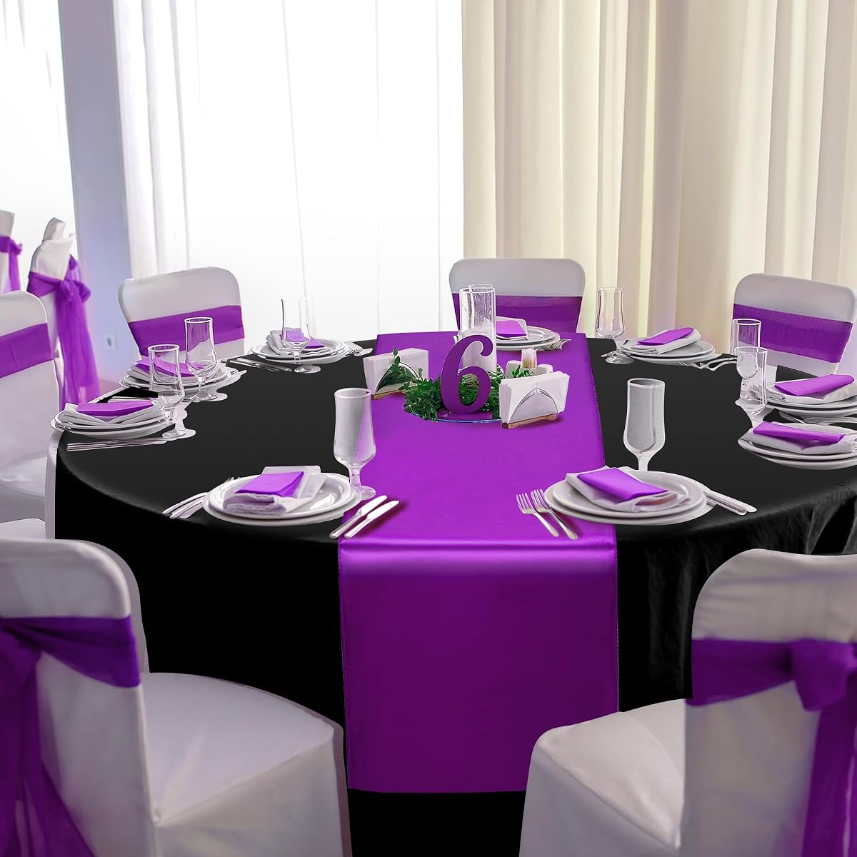 Black and Purple Round Tablecloth and Runner Set, 84 inch round, 12 pack view 4