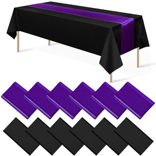 Black and Purple Tablecloth and Runner Set, 54 x 108 inch, 12 pack