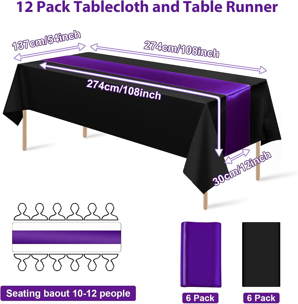 Black and Purple Tablecloth and Runner Set, 54 x 108 inch, 12 pack view 2