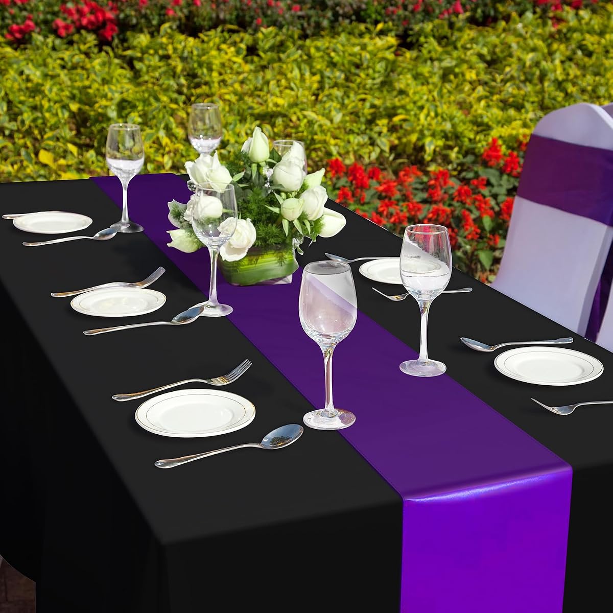 Black and Purple Tablecloth and Runner Set, 54 x 108 inch, 12 pack view 4