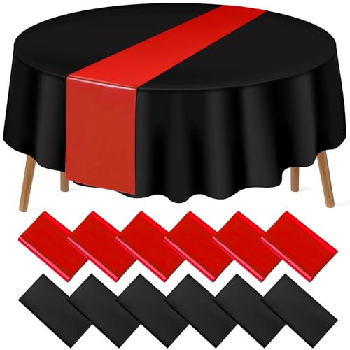 Black and Red Round Tablecloth and Runner Set, 84 inch round, 12 pack