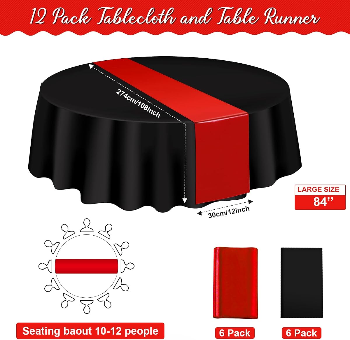 Black and Red Round Tablecloth and Runner Set, 84 inch round, 12 pack view 2