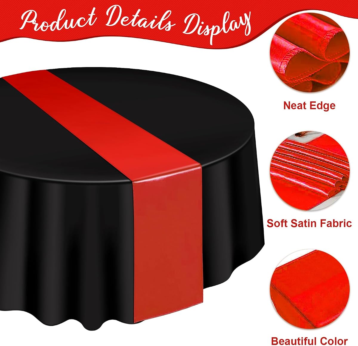 Black and Red Round Tablecloth and Runner Set, 84 inch round, 12 pack view 3