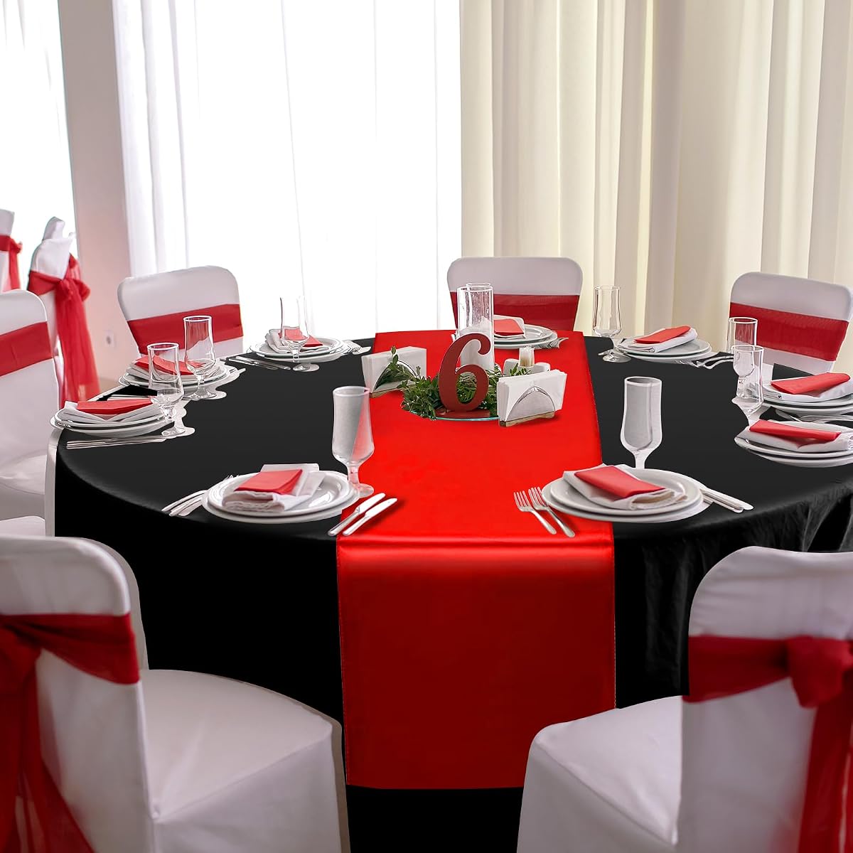 Black and Red Round Tablecloth and Runner Set, 84 inch round, 12 pack view 4