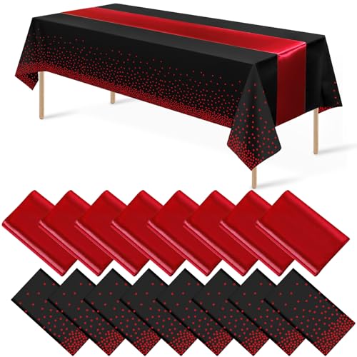 Black and Red Tablecloth and Runner Set, 16 pack