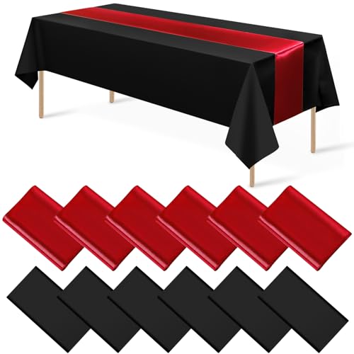 Black and Red Tablecloth and Runner Set, 54 x 108 inch, 12 pack