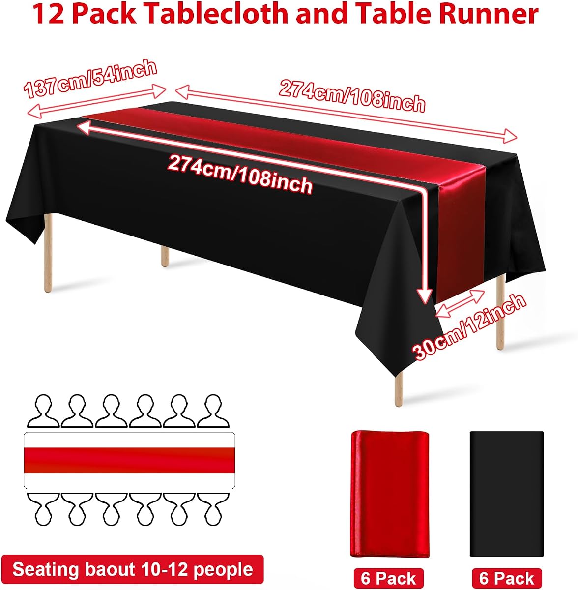 Black and Red Tablecloth and Runner Set, 54 x 108 inch, 12 pack view 2