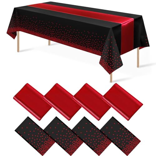 Black and Red Tablecloth and Runner Set, 8 pack